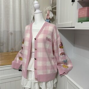 Barbie Pink and Cream Checkered Embroidered Cardigan Hot Topic Girly Sweater